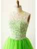 Ivory Lace Apple Green Tulle Knee Length Bridesmaid Dress
